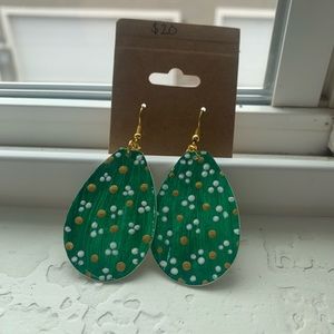 Hand painted. Hand made, clay earrings. Green and gold.